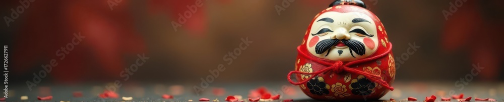 Naklejka premium Colorful Daruma doll with painted face and red string tied around neck, decoration, japan, red string