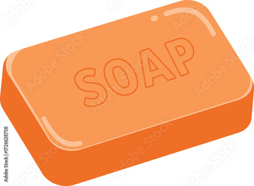 Bright orange bar of soap with embossed text realistic rendering for cleaning and hygiene product concepts isolated on transparent background