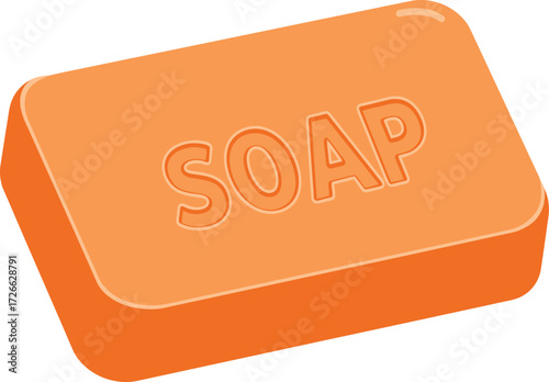 Cleanliness and hygiene object orange bar of soap with embossed logo isolated on white clean freshness product for personal care and lathering isolated on transparent background