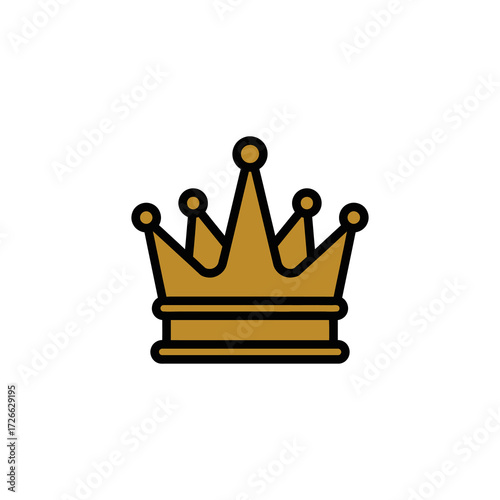 A stylized golden crown with a dark outline, featuring five points topped with small circles, resting on a banded base, against a plain white background.