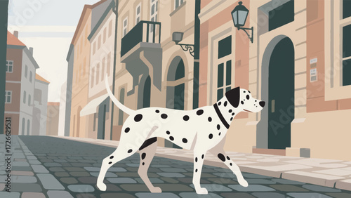 Illustration Of A Dalmatian Dog Walking On A Cobblestone Street With Classic European Old Town Architecture Vector Design Template