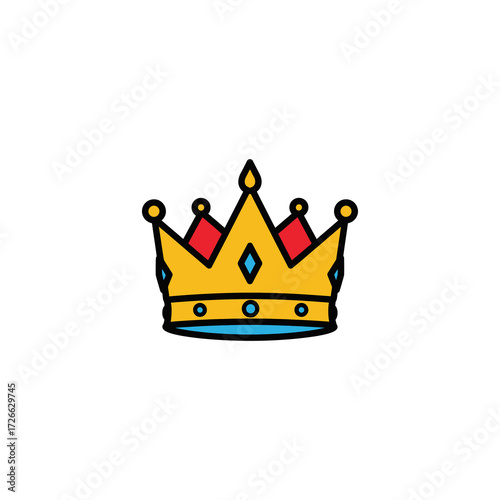 Cartoon illustration of a golden crown with red, blue, and black accents on a white background.