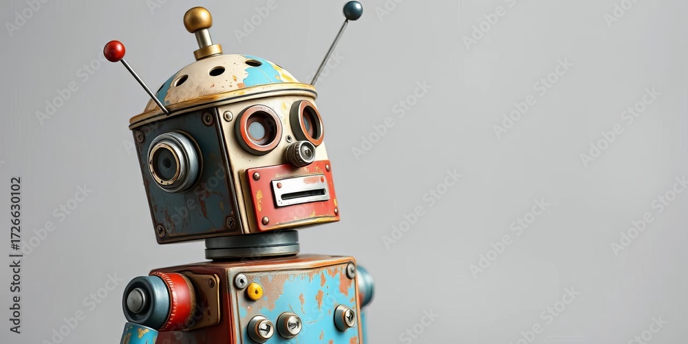 Fototapeta premium Retro tin robot toy, weathered paint, classic design, tin toy, buttons