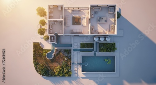 Photo of aerial view of a modern house with a swimming pool, lush garden, and a detailed floor plan, bathed in warm sunset light