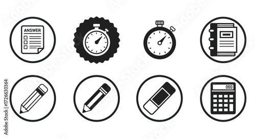 A set of eight black and white circular icons representing school exams and testing supplies like pencils, timers, and calculators.