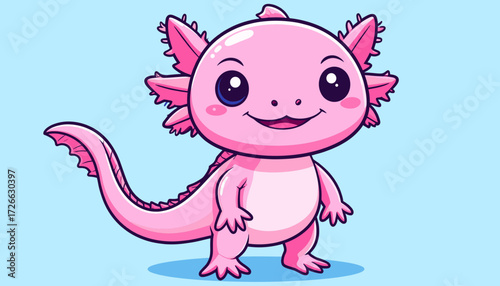 Happy pink axolotl cartoon on blue background