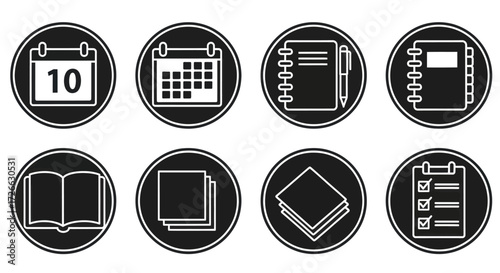 A collection of black and white circular icons representing various office, planning, and document-related items such as calendars, notebooks, and checklists.