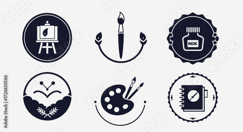 Collection of artistic icons, including easel, paintbrush, ink bottle, palette, and notebook.