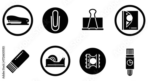 A collection of eight black and white icons representing common office and school stationery items, including a stapler, paperclip, binder clip, and tape dispenser.
