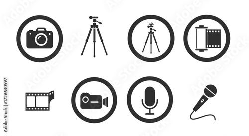 A collection of icons representing photography and videography equipment, including cameras, tripods, film rolls, and microphones.