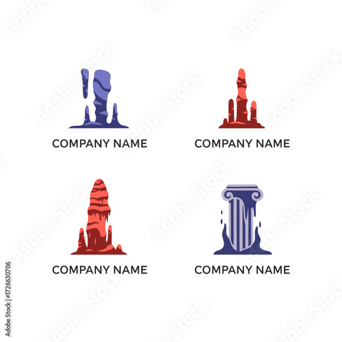 Abstract stylized illustrations of various architectural structures and formations.