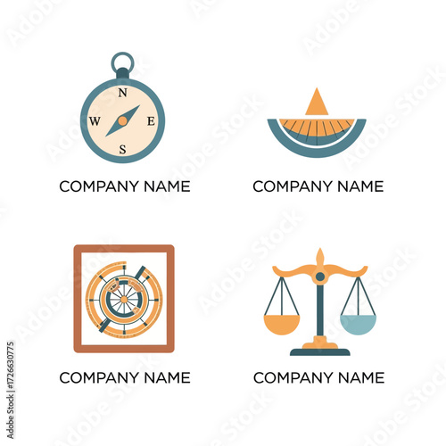 Collection of Four Business Logos Featuring Navigational and Legal Symbols.