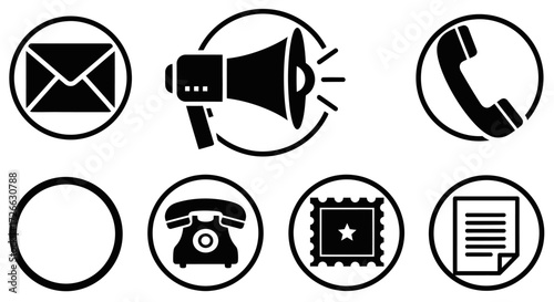 Collection of communication icons: email, megaphone, phone, letter, document.