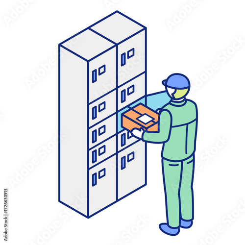 Delivery Worker Using Parcel Locker Service Isometric Illustration