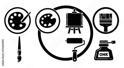 Set of black and white art supplies icons, including paint palette, paintbrush, easel, paint roller, and ink bottle.