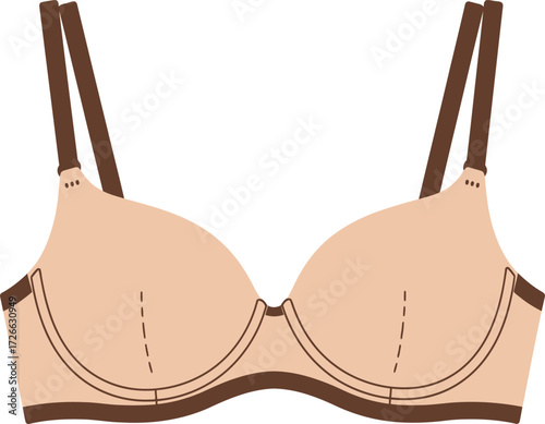 Elegant beige push-up bra with dark brown and maroon trim featuring adjustable straps perfect for everyday wear and special occasions isolated on transparent background