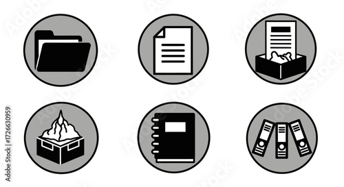 A set of six grayscale icons representing various office and document-related items, including folders, papers, shredded documents, notebooks, and binders.