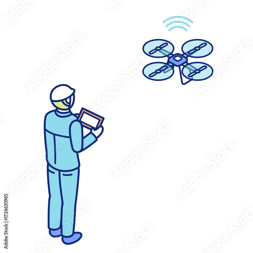 Worker in Uniform with Helmet Operating Drone Isometric Illustration