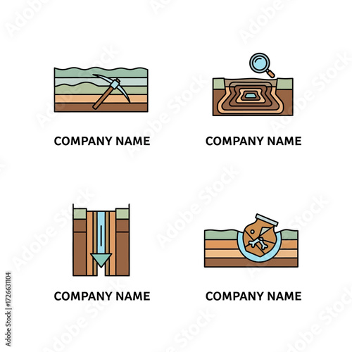 Earth layers excavation archaeology mining drilling vector icons set.