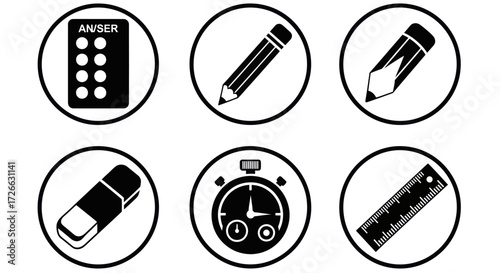 Six black and white icons of school supplies, including a counter, pencil, eraser, stopwatch, and ruler.