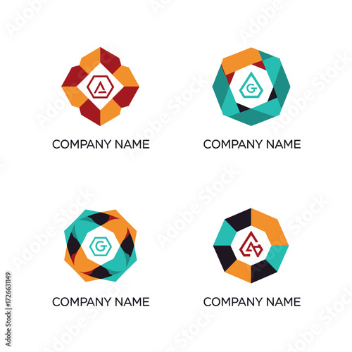 Four abstract logo designs, colorful geometric shapes, company name.