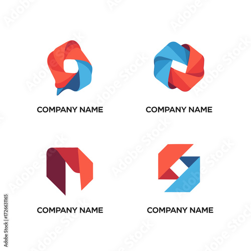 four abstract logo designs with red and blue ribbons.