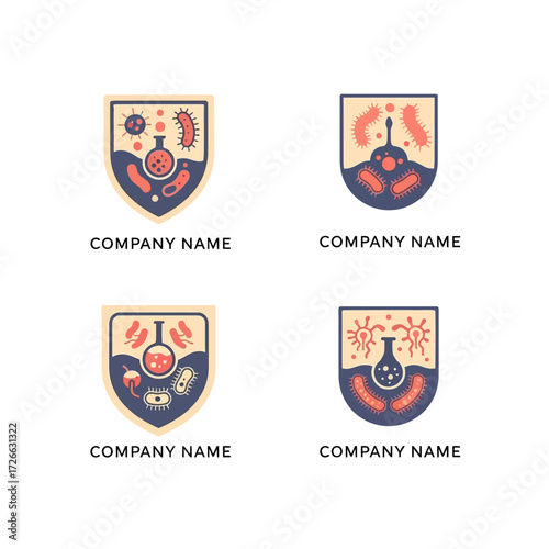 Four Science and Research Logos with Microscopic Elements and Shields.