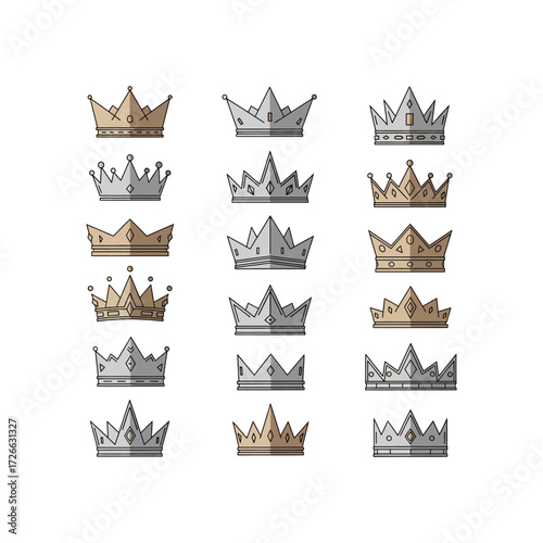 A collection of various flat vector crown icons in gold and silver colors, showcasing different regal designs.