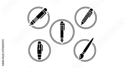 Five different pen and brush icons, each inside a circular frame, representing various writing and artistic tools.