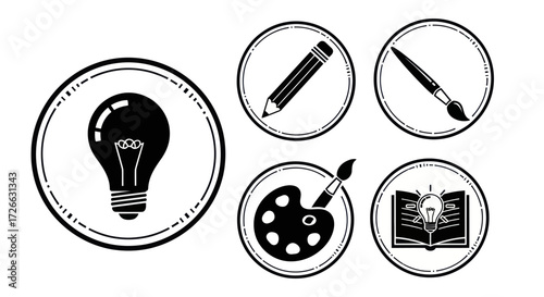 Vintage style icons representing creative tools and inspiration, including lightbulb, pencil, paintbrush, palette, and open book with lightbulb.