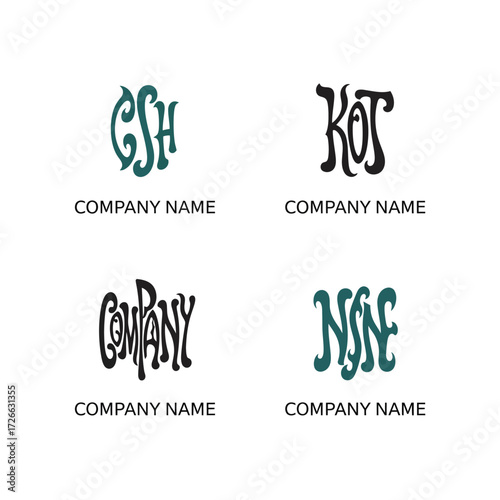 four stylized logo designs, featuring intertwined letters in a unique, artistic font.