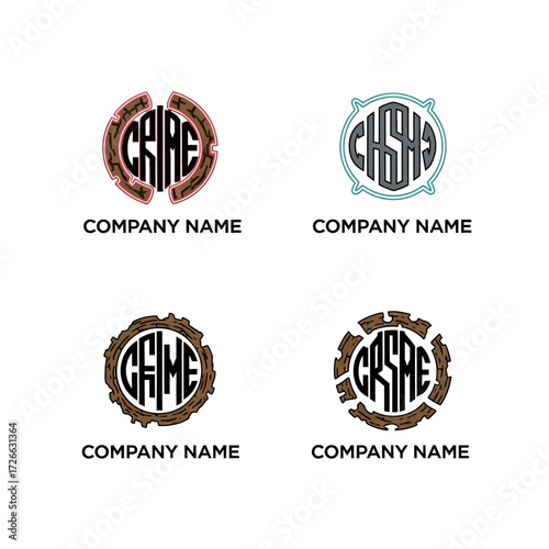 Four stylized circular logos with text CRIME and GRIME in gear like borders.