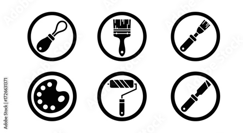 Black and white vector icons of various painting and art tools, including brushes, rollers, palettes, and spatulas, set within circular frames.