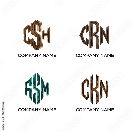 Four Unique Hexagonal Monogram Logos with Textured Lettering and Company Name.