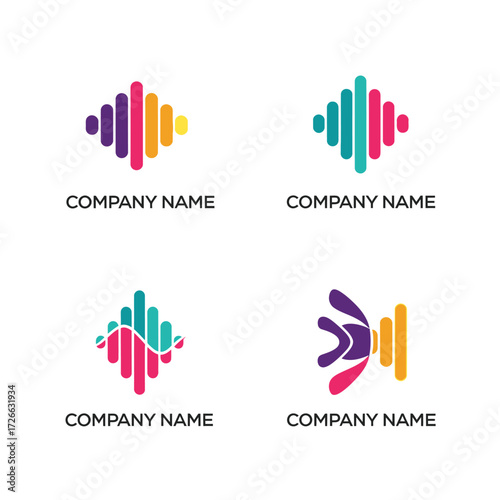 Set of colorful sound wave and audio equalizer logo designs.