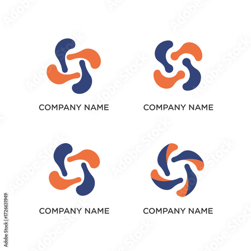 Set of abstract rotating pinwheel logo designs in orange and blue.