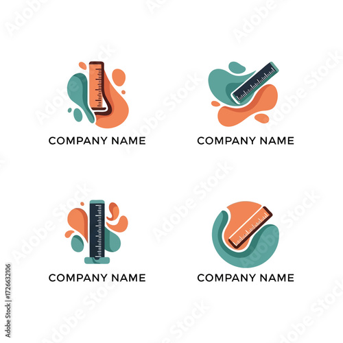 Set of four abstract logos featuring scientific instruments and colorful organic shapes.