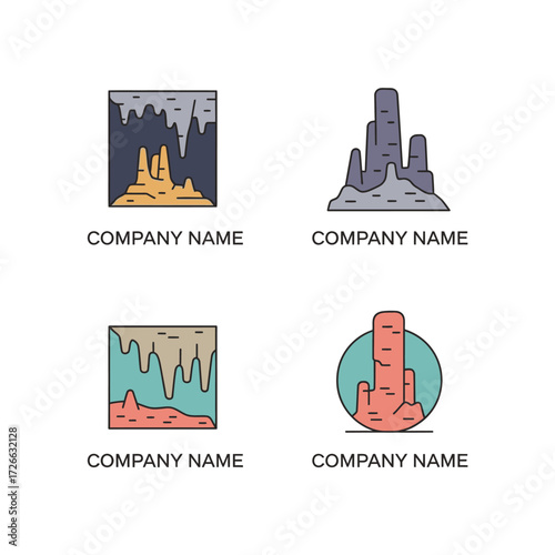 Set of four cave and rock formation logos with company name placeholders.