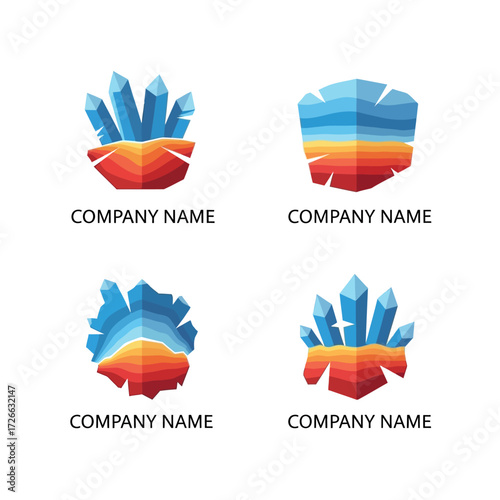 Set of four colorful crystal mineral logo designs for a company.