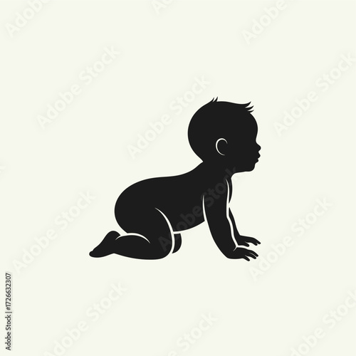 Silhouette of a baby crawling on the ground, side view, black and white, simple design.