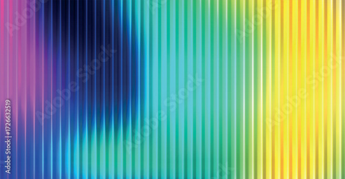 Trendy color horizontal background of ribbed glass effect. Gradient banner with holographic texture. Iridescent plastic with striped overlay. Vector illustration.