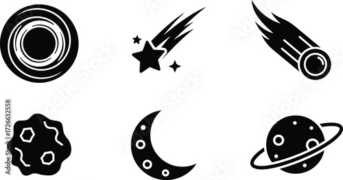 Cosmic celestial objects icons set meteor comet moon planet star spaceship astronomy
