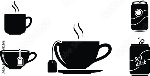 Silhouettes of hot beverages and canned drinks modern design elements