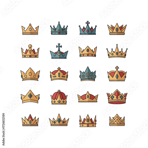 A collection of stylized illustrations depicting various royal crowns, each with unique designs and embellishments, presented in a grid format.