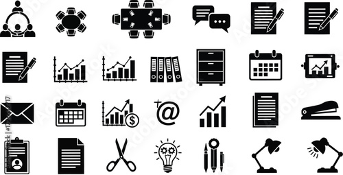 Collection of diverse business and office icons representing various professional concepts