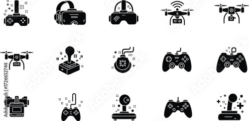 Collection of futuristic technology and gaming icons symbolizing modern entertainment and digital innovation