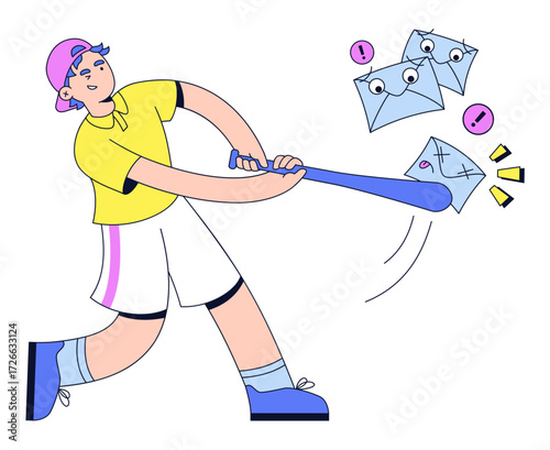 Young man beating spam with a baseball bat