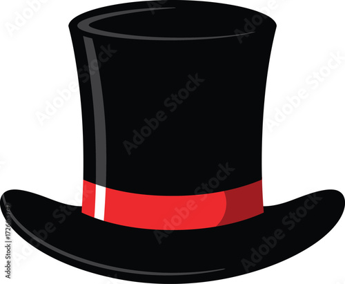 Classic black top hat with red ribbon festive accessory formal headwear elegant gentleman costume magic show prop isolated on transparent background