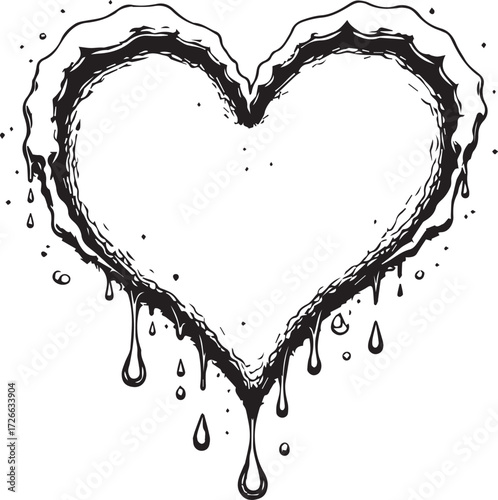 Melting Heart Graphic: A stylized illustration depicts a heart shape in the process of melting, the contours of the heart is outlined by bold black lines.