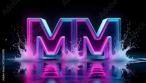 Neon mm letters with water splash and reflections on dark background illustration